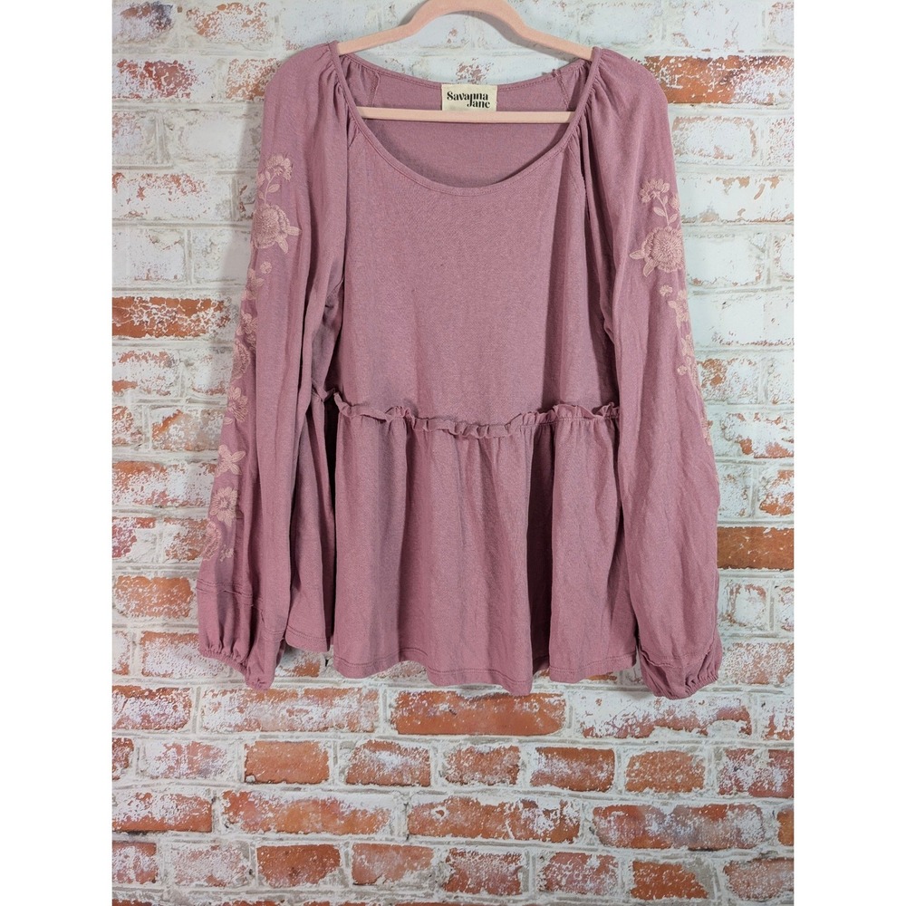 Savanna Jane Peplum Top Womens Medium Mauve Pink Floral Embroidered Boho